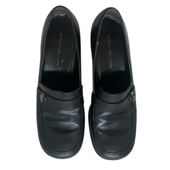 Vintage 90s Bandolino Black Leather Block Heel Wide Square Toe Loafers 8.5 - Picture 2 of 11
